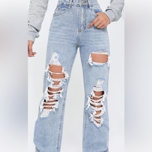&DENIM Blue Washed Ripped Boyfriend Jeans